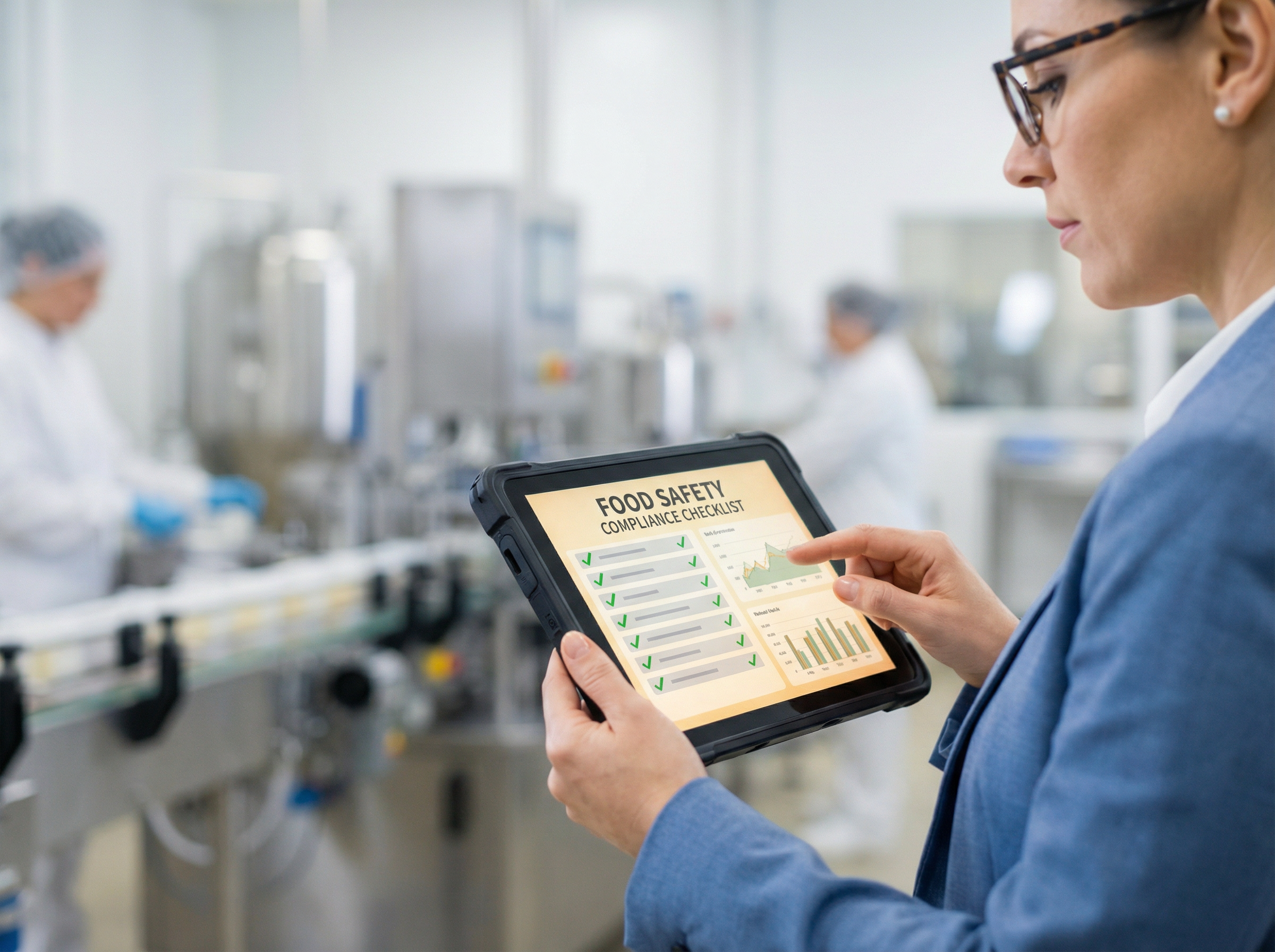 Food safety team reviewing compliance system in a manufacturing facility